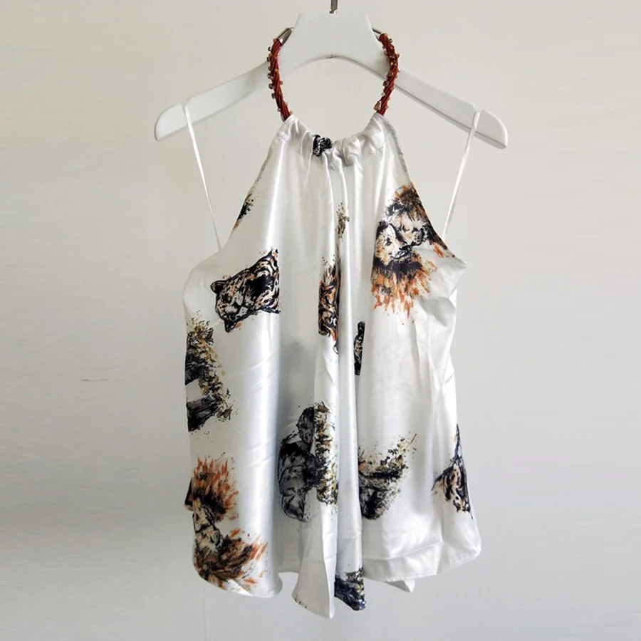 Gentlewomen Vacation Holiday Beach Seaside Camis Tiger and Lion Pattern Print Camis Ruched Sexy Halter Backless Top 2018 Autumn Tops