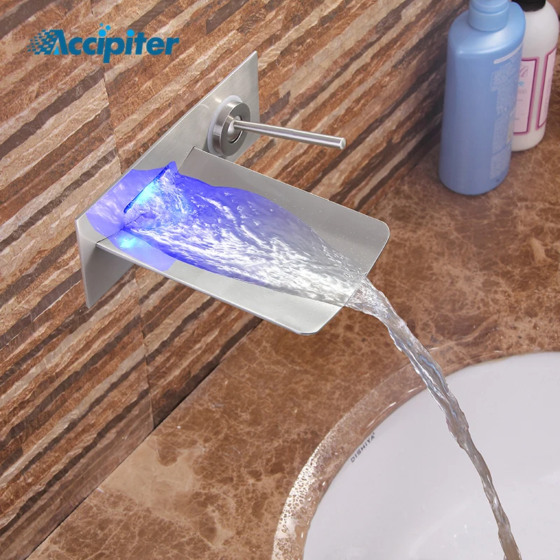 Bathroom Basin Waterfall Led Faucet. Wall Mounted 3 Colors Changed Waterfall Led Tap. Water