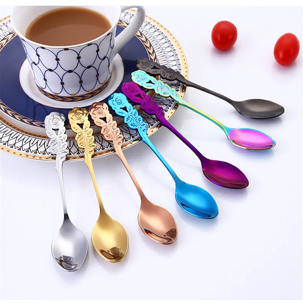 

Stainless Steel Flower Spoon Coffee Tea Spork Flatware Dessert Salad Tool Handle Spoons Cream Drinking Tools Kitchen Gadget #SS