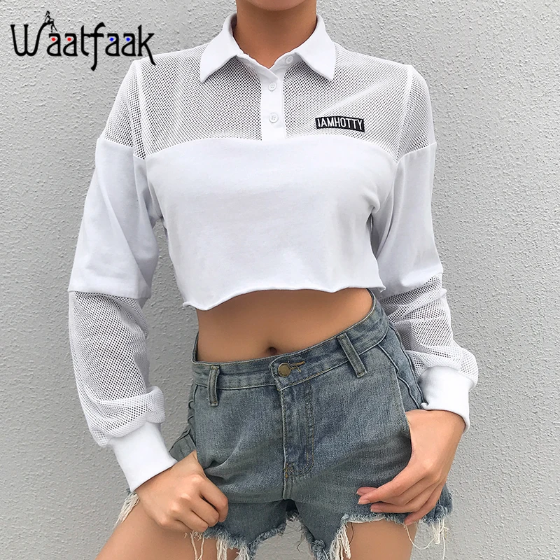 

Waatfaak Turn-down Collar Mesh Patchwork Crop Hoodies Women Single-breasted Letter Embroidery Streetwear Sweatshirt Autumn White