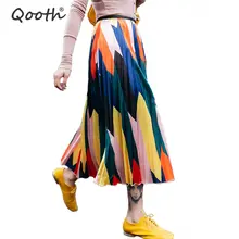 Qooth женская летняя юбка миди, Весенняя Роскошная плиссированная юбка с принтом, цветная Женская юбка с высокой талией, новинка, Saia QH1831