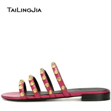 Женские черные гигантские шипованные сандалии, шлепанцы с заклепками, красные пляжные туфли, туфли с ремешками, туфли для отдыха на плоской подошве,, большие размеры