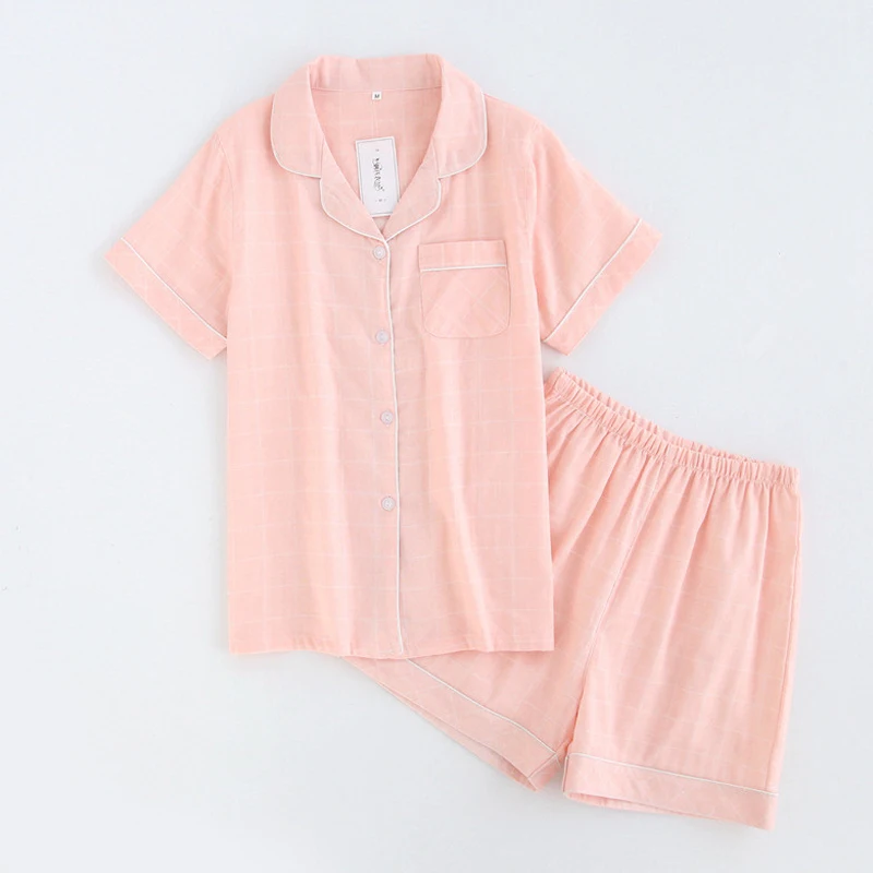 

KISIBINI Summer New Arrival Women Pajamas Sets Fashion Plaid Pink Short Sleeve Shirt+Shorts Sleepwear Comfortable Homewear