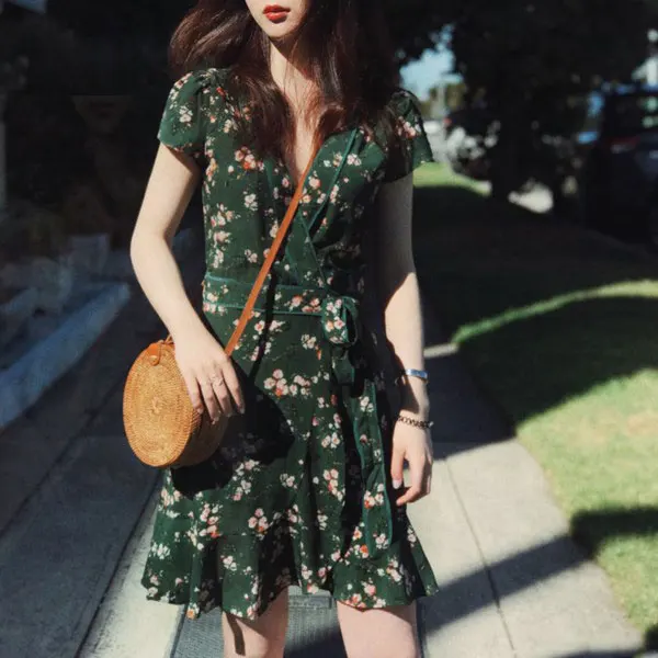 

2019 Summer Avocado Dark Green Floral Dress Women V-Neck High Waist Short Wrap Dress With Ruffle Vestido Corto