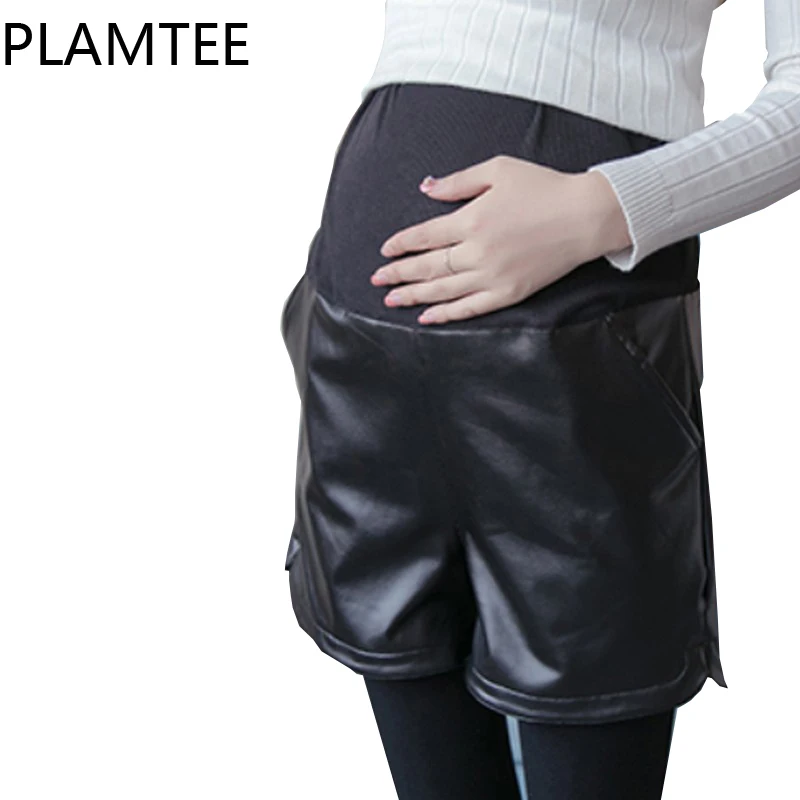 PLAMTEE Black PU Leather Maternity Shorts Elegant All Match Clothes For