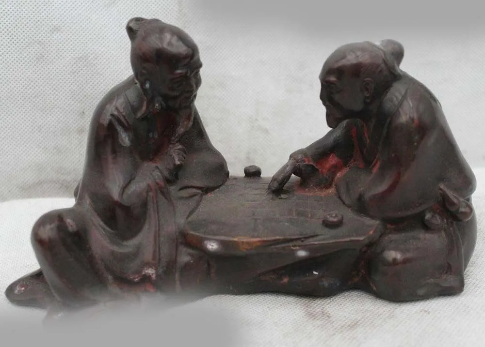 

5"China Chinese Folk Bronze excellent Lucky Two Geezer play chess Statue Sculpt