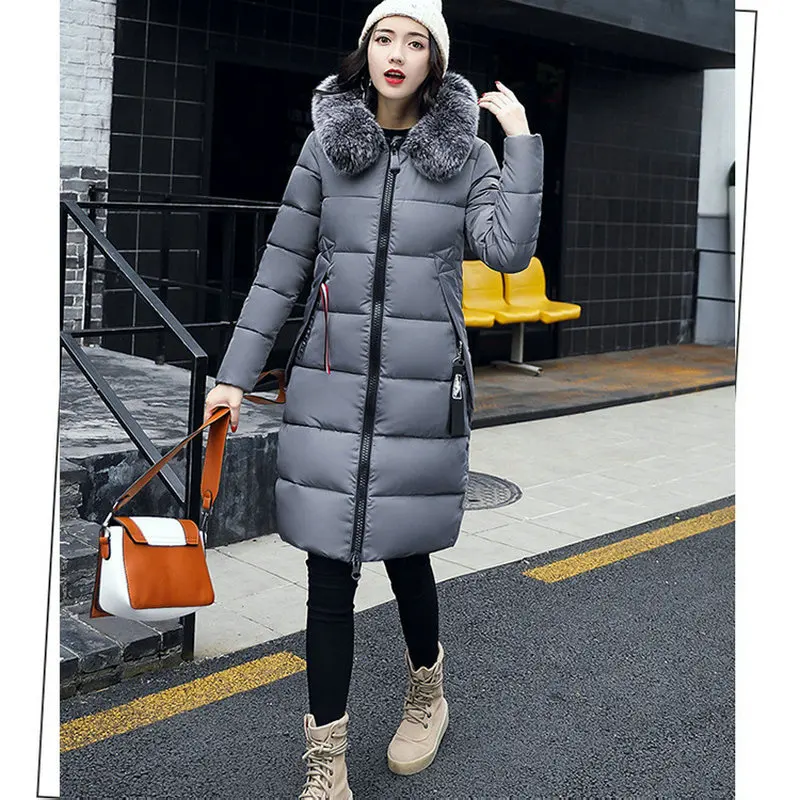 gray New Female Cotton Coat Thickened Korea Style Fashion Long Down Fur Collar Hooded Jacket Warm Outwear Parkas Women Winter Coat - Цвет: gray