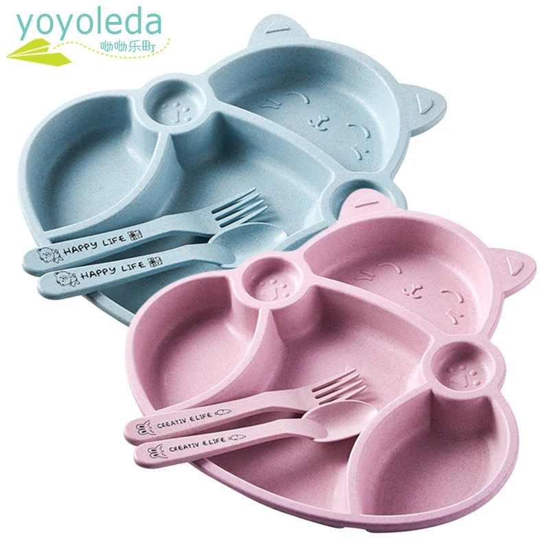 

3Pcs/Set Baby Dinnerware Set Children Feeding Food Plate Spoon Fork Wheat Straw Bowl Baby Tableware Dinner Plate Training Dishes