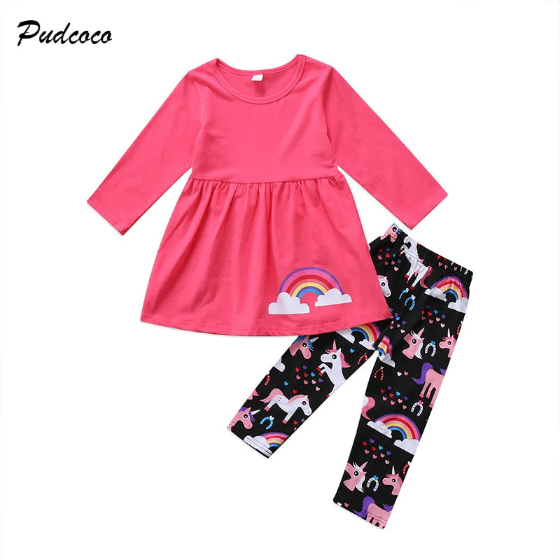 

Spring Autumn Children Girl Rainbow Clothes Set Long Sleeve Cotton Mini Dress Tops+Unicorn Pant Legging 2PCS Outfit Kid Clothing