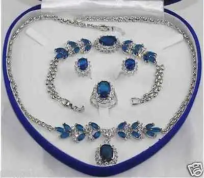 

Fast shipping +2015 18K GP Silver-tone Inlay crystal blue Necklace Bracelet Ring Earring set (A0503)