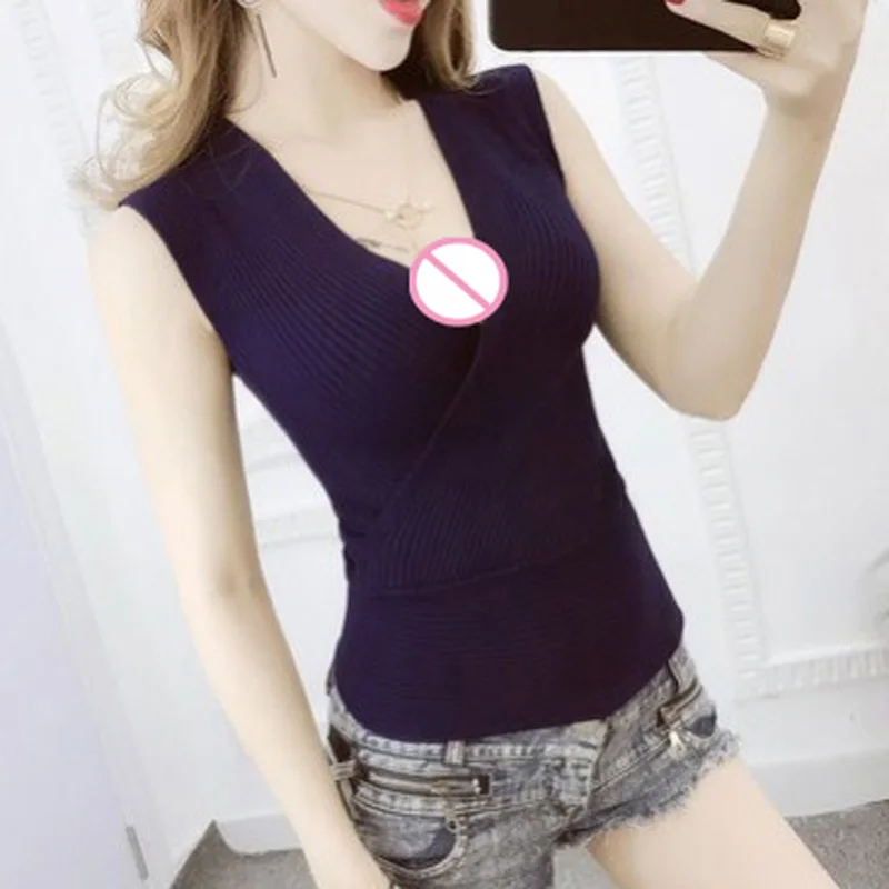 

La MaxPa Summer Women Fashion Slim Deep V-neck Knitting Tank Tops Girls Knitted Camisole Solid Sleeveless Tee shirts k1926