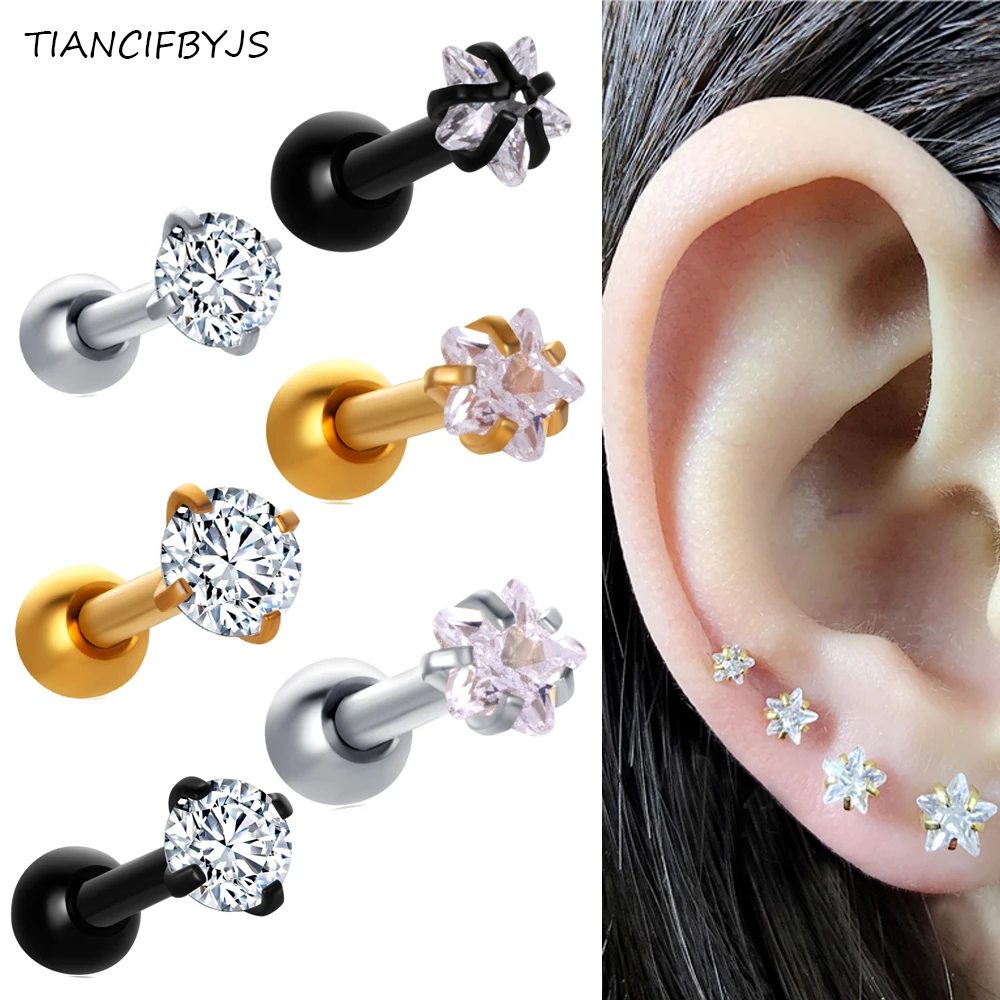 

TIANCIFBYJS Piercing Tragus Earring Surgical Steel 14G Ear Stud Body Jewelry Round Star Zircon Helix Piercings Cartilage 60pcs