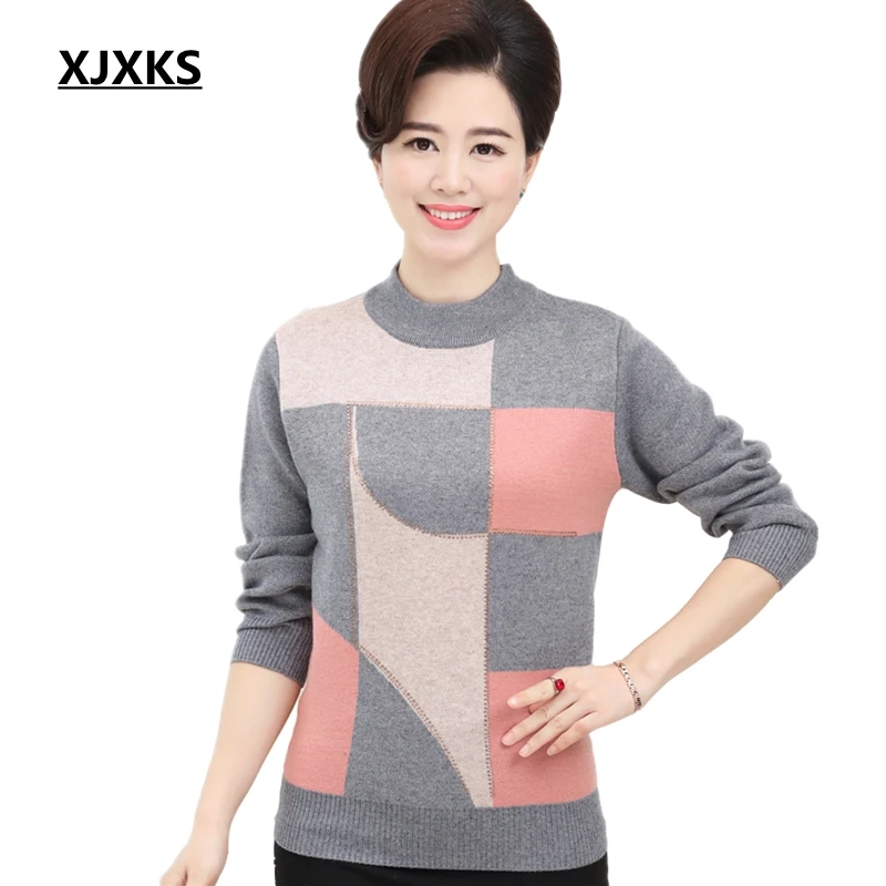 

XJXKS New Middle - Aged Women's Fall And Winter Clothes Bottoming Shirt Round Neck Cashmere Sweater Knitted Sweaters Plus Size