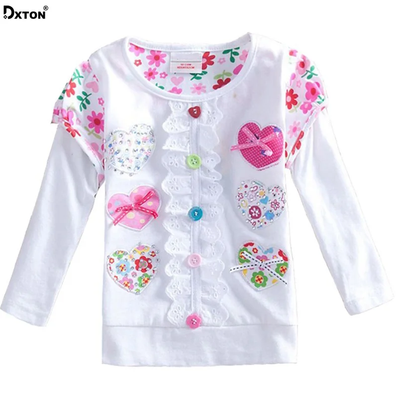 

Dxton Baby Girls Clothes Long Sleeve T-shirt for Girls Flower Tees Heart Appliques Girl T-shirt Autumn Kids Vestidos Girls Tops