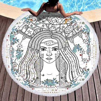

Boho Beach Towels Printed Cartoon Girl Beach Towel Microfiber Round Fabric Bath Towels For Living Room Home Decorative