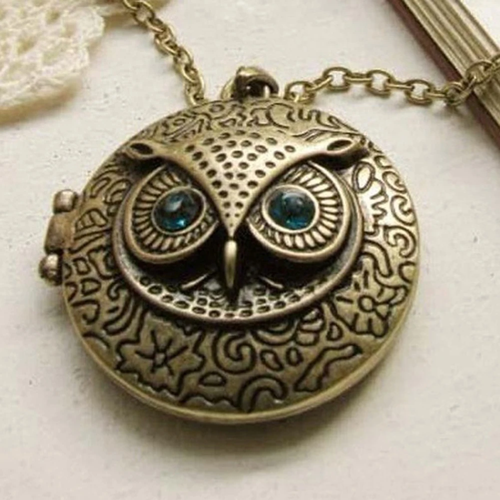 

Antique Bronze Blue Zircon Eye Owl Locket Retro Long Necklace Pendant Steam Punk Popular Hot Sale