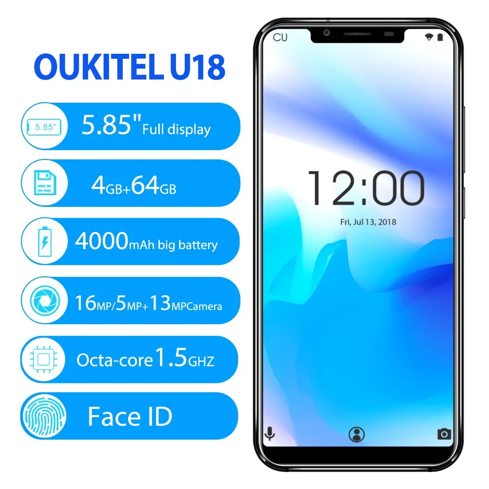 Oukitel U18 Face Id 4g Lte смартфон 5 85 дюймов 21:9 Android 7 0 Восьмиядерный 4 Гб ОЗУ 64 ПЗУ 4000 мАч 16 Мп