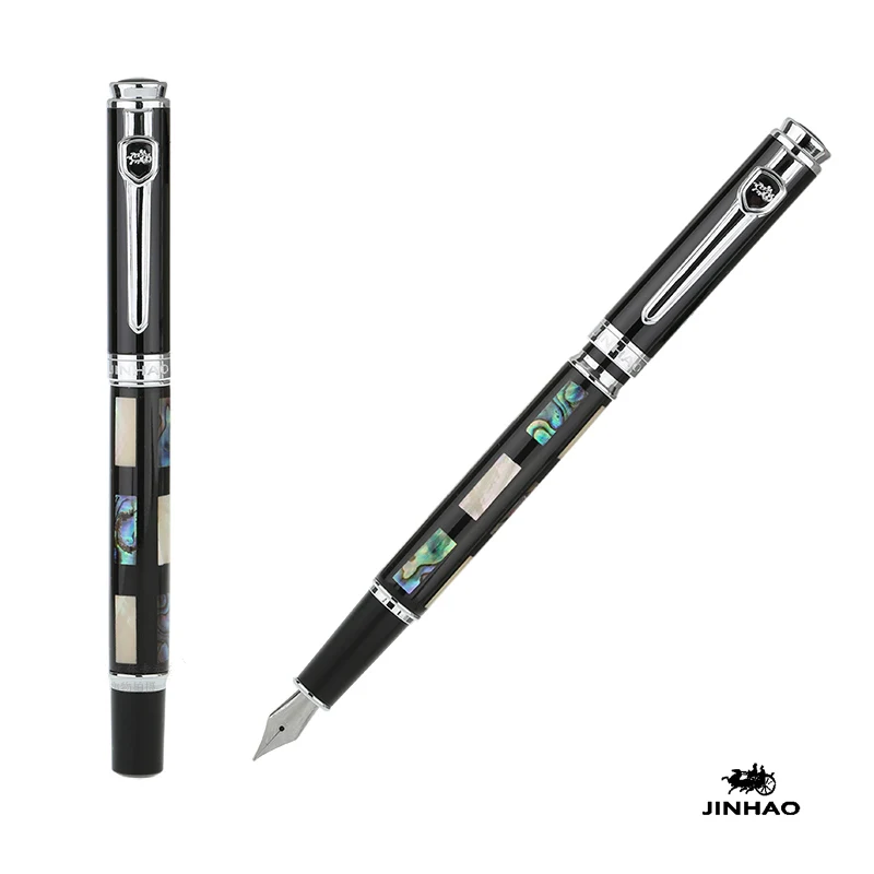 FOUNTAIN PEN 18KGP FINE NIB JINHAO 8802 BLACK AND SILVER SHELL CARVING BEST GIFT OFFICE BUSINESS STATIONERY SCHOOL