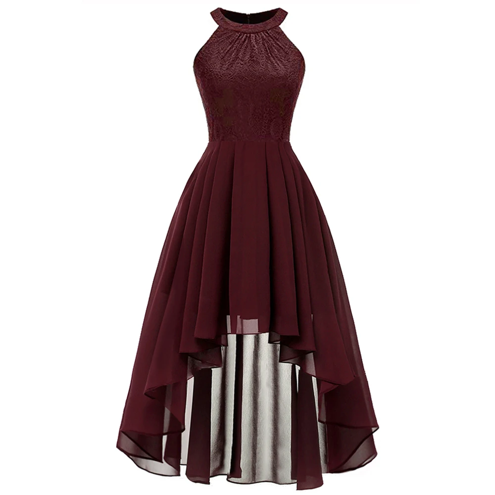 

2019 Elegant Halter Ladies Dress Women Summer Lace Chiffon Patchwork Sleeveless Irregular High Low Navy Blue Evening Party Dress