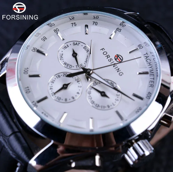 Forsining Классическая серия черный ремешок из натуральной кожи 3 циферблата 6 стрелок мужские часы лучший бренд класса люкс автоматические механические часы - Цвет: White
