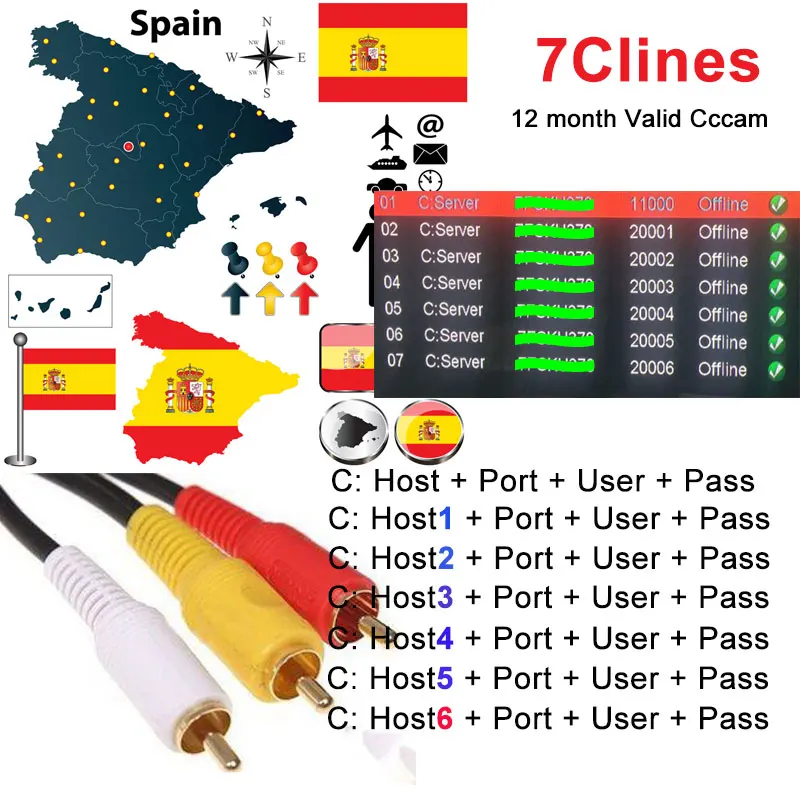 

1 Year Europe cable for Europe clines Cccam HD DVB-S2 Satellite tv Receiver 7 Clines Support in V8 /Spain/Germany/Ireland
