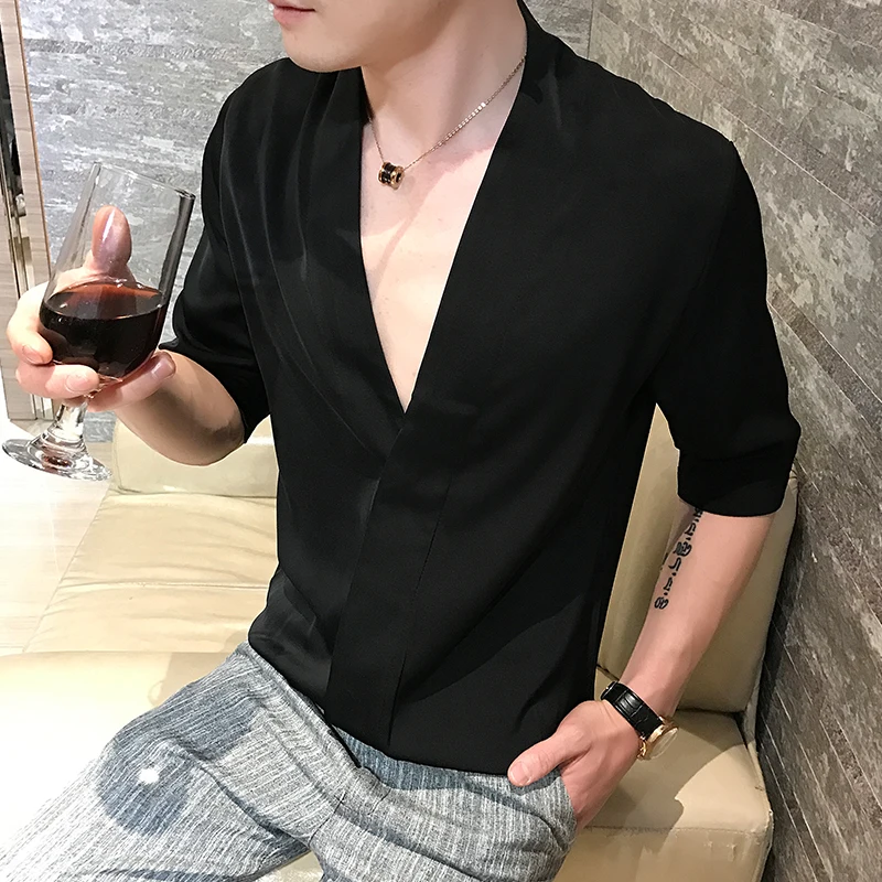Однотонные вечерние рубашки с глубоким v-образным вырезом, сексуальные мужские облегающие рубашки с коротким рукавом, Корейская мужская модная одежда, гавайская рубашка 5XL