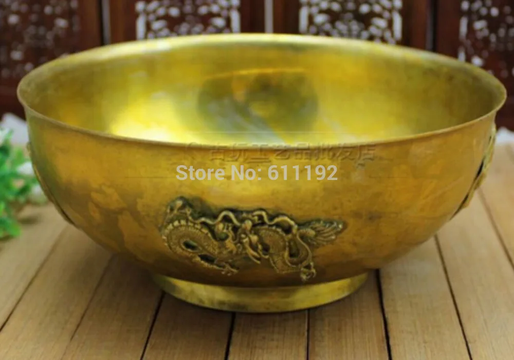 

Collect chinese antique 14 cm wide Metal crafts carved dragon brass bowl