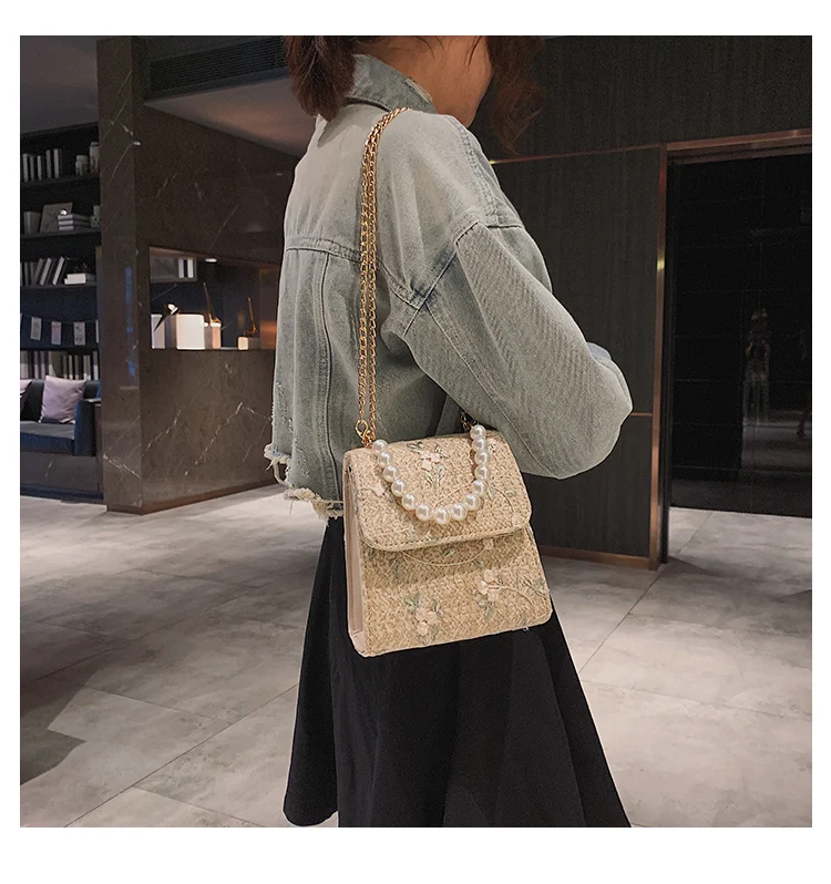 Элегантная женская сумка-тоут с жемчугом модная новая качественная женская дизайнерская сумка дорожная соломенная сумка на плечо