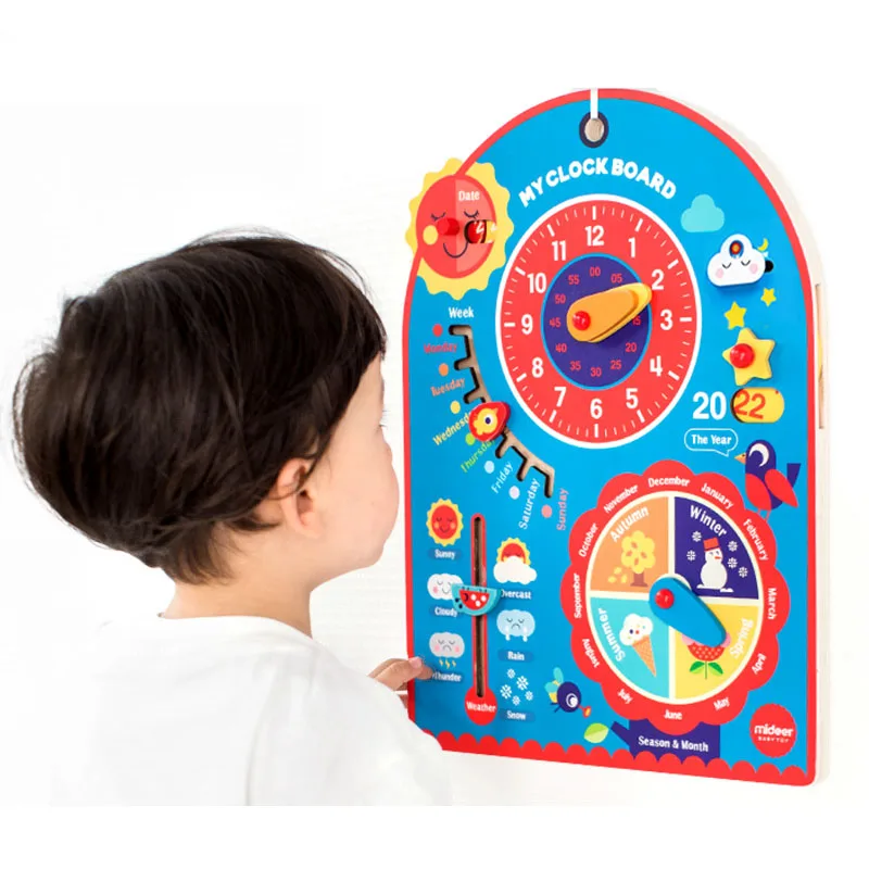 

New children's educational toys creative early education toys wooden clock hanging board cognitive time weather week