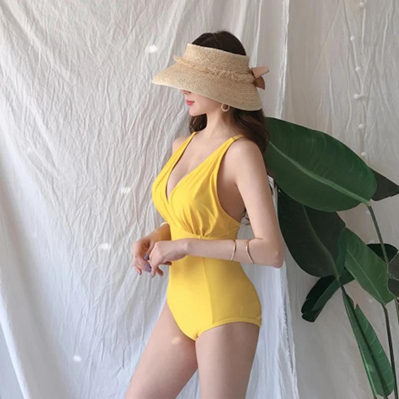 

Solid One Piece Swimsuit V Neck Monokini Black Yellow Swimwear Low Cut Maillot De Bain Push Up Swimsuit Sexy Bodysuit Women