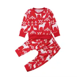 Детская одежда для маленьких мальчиков и девочек милые рождественские Животные футболка с длинным рукавом + штаны хлопок милый комплект