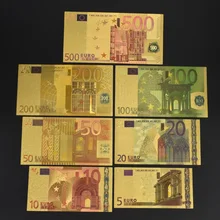 Billets de banque commémoratifs en feuille d'or, 7 pièces, décoration 5 10 20 50 100 200 EUR, Collection européenne plaquée or