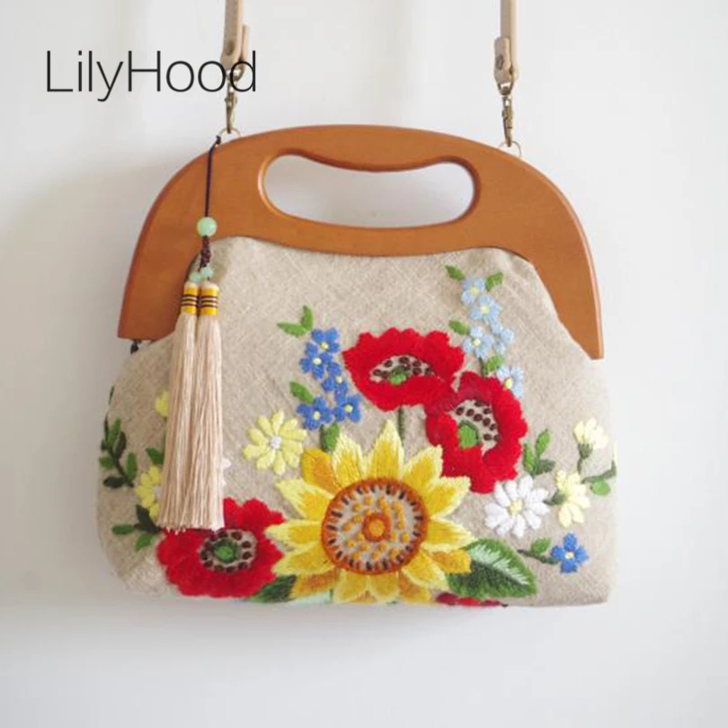 

Handmade Flower Embroidery Bag with Wooden Handle 2019 Women Female Fringe Summer Handbag Personalized Floral Shoulder Bag