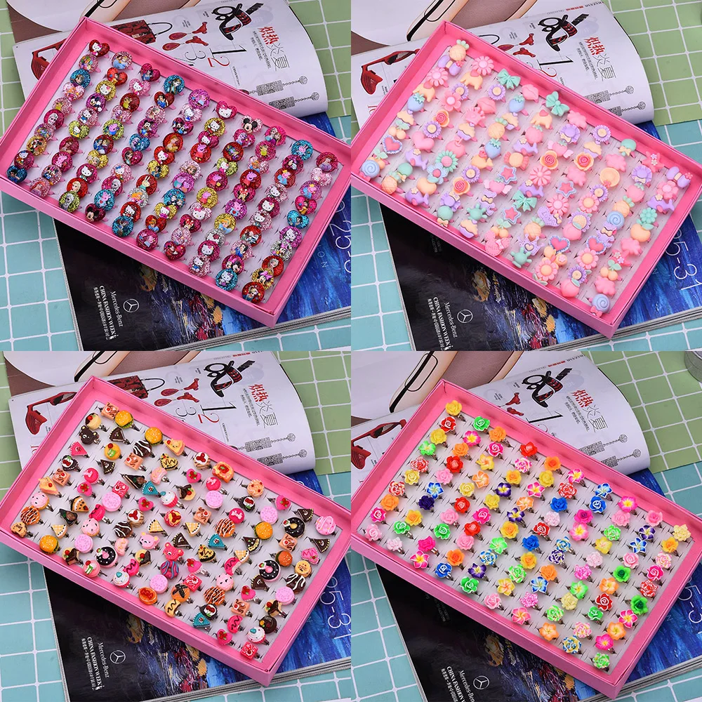 

Wholesale 100pcs Mixed Lot Cartoon Flower Assorted Cake Resin Plastic Pink Baby Kids Girl Children's Rings With Box Gift Jewelry
