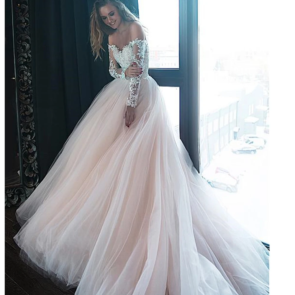 

Sexy Off The Shoulder Ball Gown Wedding Dresses Gorgeous Tulle Beaded Lace Appliques Nude Bridal Gowns Long Sleeves