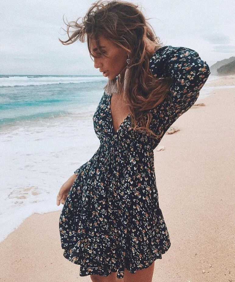 Летние Для женщин цветочные длинным рукавом платье мини Повседневное Boho