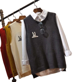 

2019 Autumn Asymmetry Casual Wool Sweater For Women Knitted Vest Cute Rabbit Pattern Sleeveless Feminine Coat Female Waistcoat