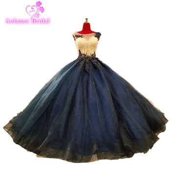 

2018 Dark Blue Sexy Long Prom Dresses Sleeveless Crystals Beading Puffy Lace Tulle Evening Gowns Formal Long Party Dresses