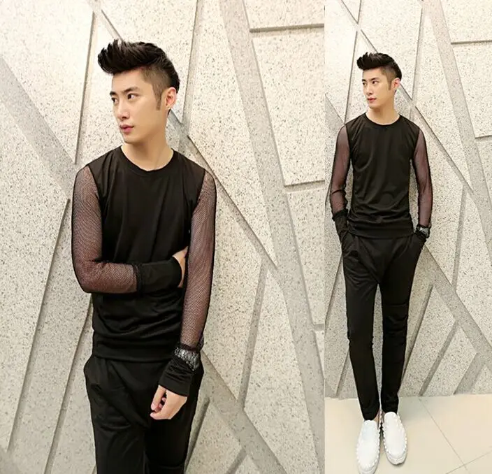 

New Novelty Men's clothes Nightclub Non mainstream Male patchwork Transparent mesh casual slim round neck long-sleeve T-shirt