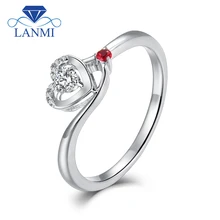 LANMI Heart Shape Jewelry Solid 18Kt White Gold Bling 0.1ct Diamond Wedding Promised Ring with Ruby for Women Loving Gift