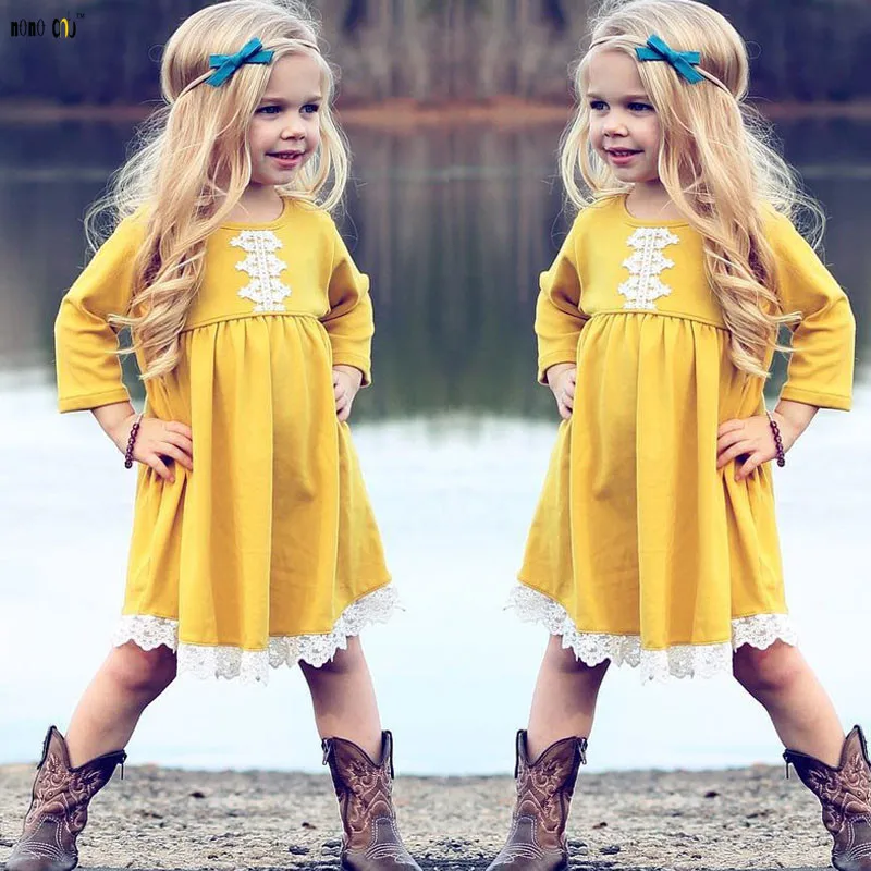 Fashion Baby Girls Dresses Autumn Long Sleeve Lacework Princess Pleated Dress Little Girl