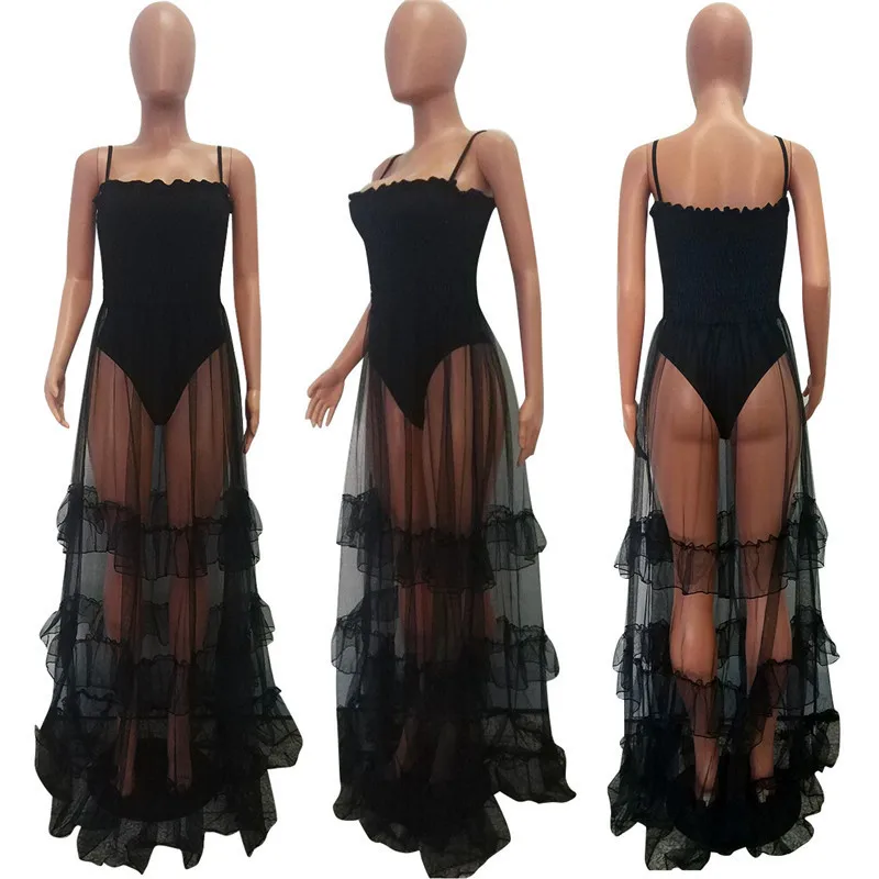 Mujeres negro mesh Lace ruffles Vestidos Longo Sexy Beach Ropa Sexy Sheer perspectiva Maxi Vestidos Club Wear Robe Femme Mujeres negro mesh Lace ruffles Vestidos Longo Sexy Beach Ropa Sexy Sheer perspectiva Maxi Vestidos Club Wear Robe Femme