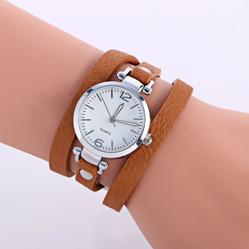 

Wholesale Woman Fashion Silver Case Watches Wrap Around Dress Watch Hot Women Gril Wristwatch Leather Lady Casual Dress