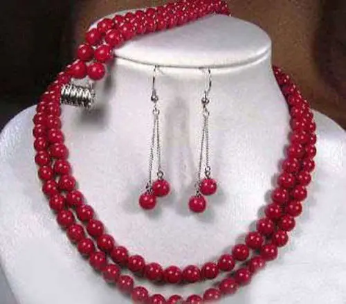 

Appealing 8 mm red Coral 2rows necklace bracelet earring AAA