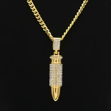 Hombres Oro Plaed Rhinestone Heló Hacia Fuera el Laboratorio de Bala Colgante Encanto collar Con 5mm 30 “pulgadas de Miami Cuban Link Cadena de Hip Hop collar