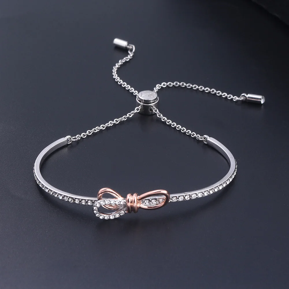 

Rose Gold Bow Crystal Charms Bracelet Bangle for Women Girl Choker Jewelry Gift Drop Shipping