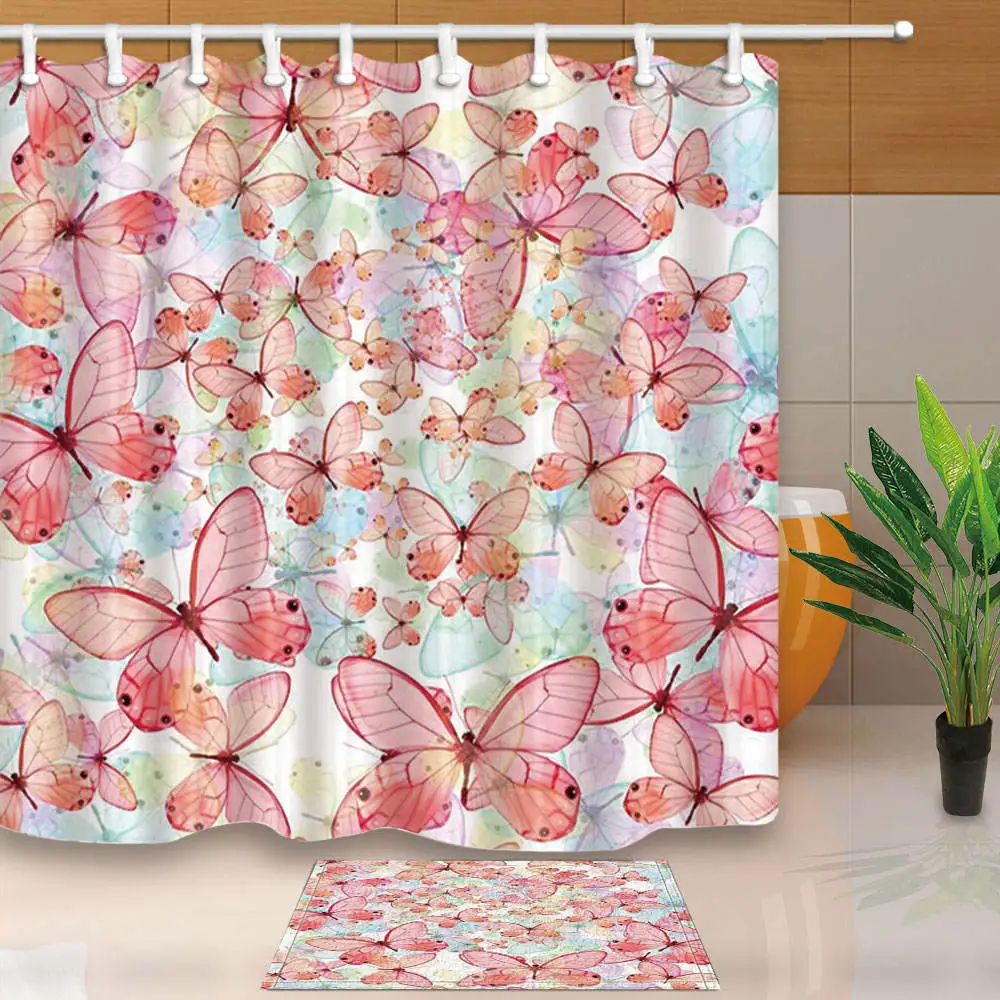 

Butterfly Shower Curtain Pink Bathroom Curtains Home Decor Polyester Fabric Waterproof Mildew Proof With 12 Plastic Hooks