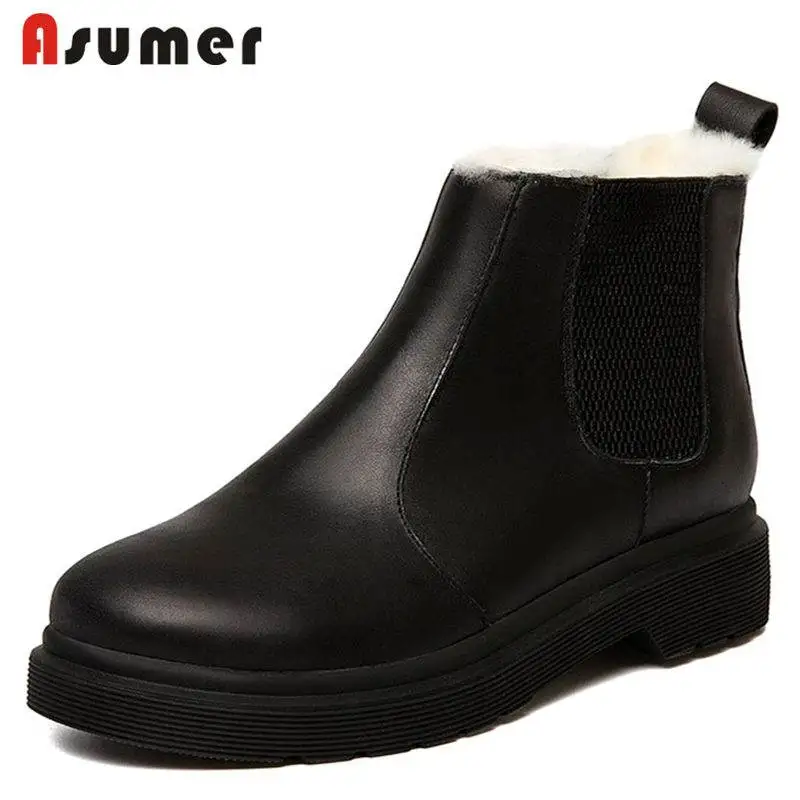 

ASUMER HOT SALE 2018 fashion fur genuine leather snow boots slip on round toe ankle boots for women med heels winter boots