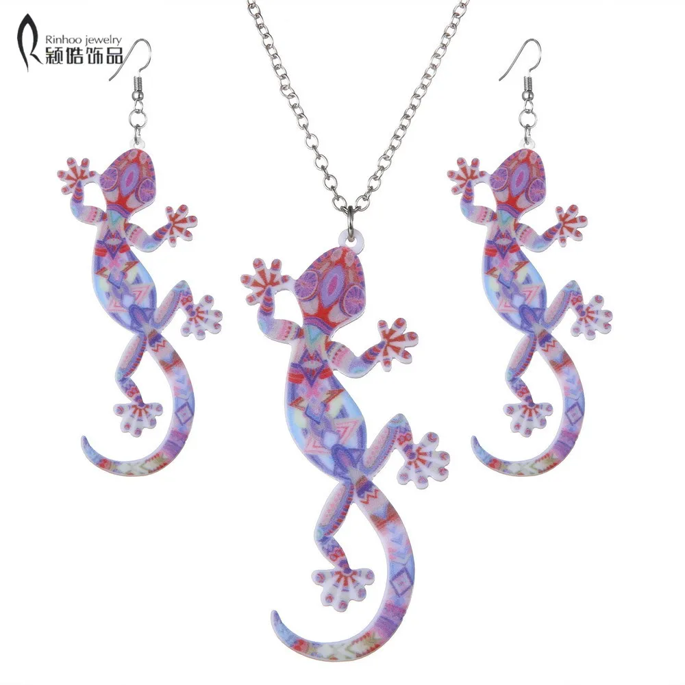 Fashion Animal Gecko Lizard Necklace Earring Sets Acrylic Women Jewelry