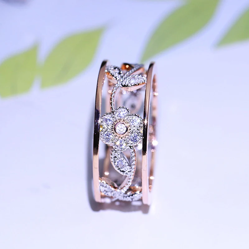 ZN Новое поступление, кольцо в форме цветка розы с полым дизайном для женщин, цветное кольцо с изображением цветов и листьев